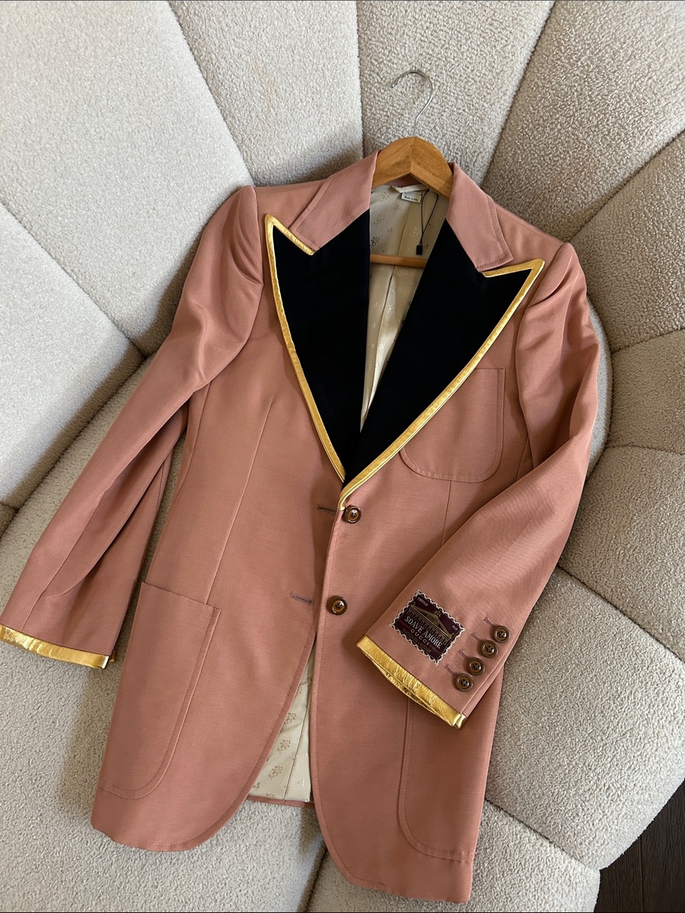 Gucci Rose Pink Blazer with Black Velvet Peak Lapel and Gold Trim